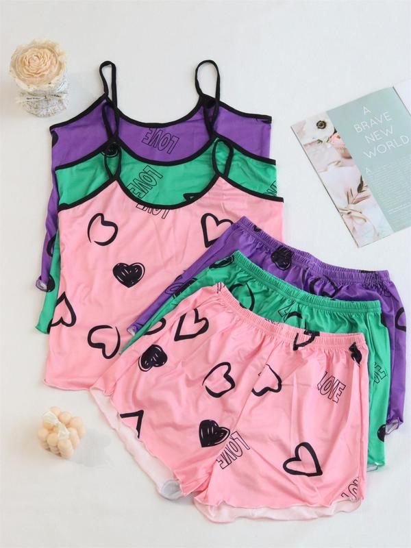 6 Pieces Women's Contrast Binding Lettuce Trim Cami Top & Shorts Pyjamas Set, Casual Comfy Halloween Pumpkin & Skull Print Camisole & Shorts Pj Set, Sleepwear Set for Women, Co-ord Sets for Women, Nightwear 2