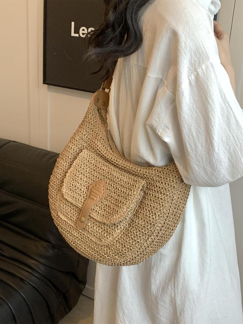 Product Introduction of Women's Fashionable Straw Bag, Large Capacity Crossbody Bag with Small Bag Inside, Casual Versatile Shoulder Bag for Daily Used 4