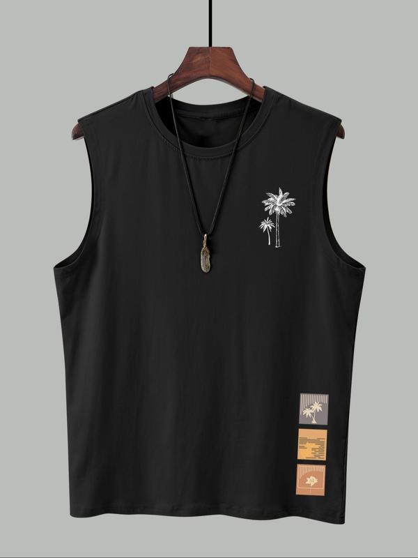 Men's Regular Fit Palm Tree Print Tank Top, Casual Sleeveless Round Neck Top for Summer, Fashion Men's Top for Daily Wear, Socks 2