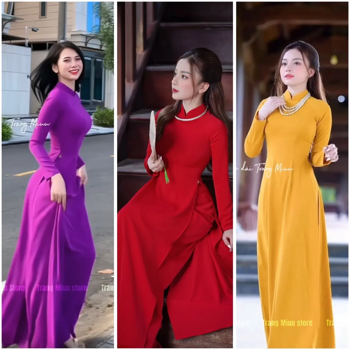 Áo Dài Truyền Thống Cao Cấp( Đỏ Đô, Vàng, Tím, Trắng) Lụa tuyết mịn cao cấp