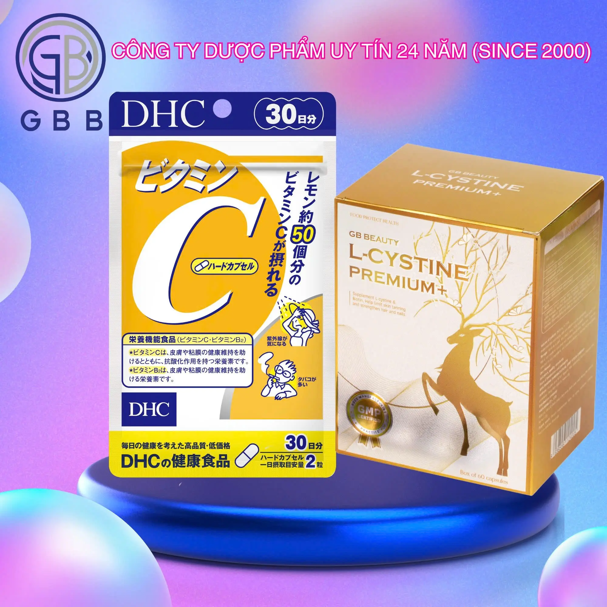 Combo viên uống GB BEAUTY L-CYSTINE PREMIUM+ và Vitamin C DHC hỗ trợ cải thiện da tối màu và hỗ trợ giảm rụng tóc ( 60 viên-30 ngày) liệu trình 1 tháng.