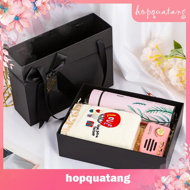 Hộp Quà Sinh Nhật Hộp Đựng Quà Tặng Màu Đen Gắn Nơ Có Quai Xách Cứng Cáp Sang Trọng 5