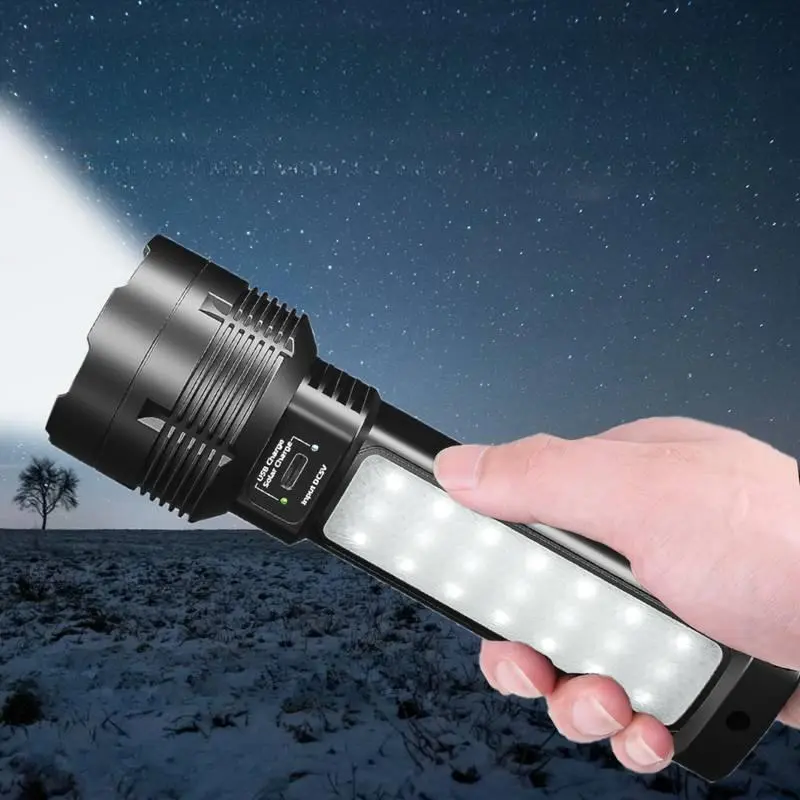 Solar Powered LED Flashlight, 1 Count USB Rechargeable Flashlight with Side Lights, Portable Flashlight for Home, Camping, Hiking, Fishing, Mountaineering