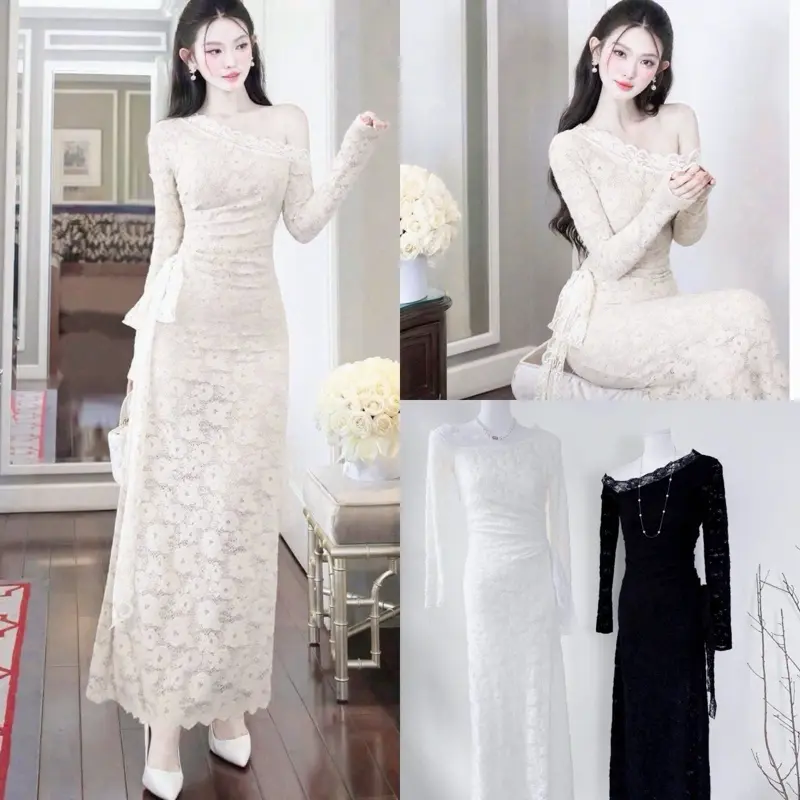 ( Sam’s Clothing ) Đầm body ren thêu hoa dáng dài lệch vai viền ren tay dài nữ