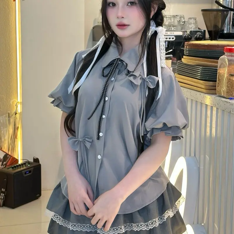 (MUA ÁO TẶNG KÈM DÂY NƠ,MUA SET TẶNG CRAVAT) Áo Sơ Mi Cộc Tay Cổ Đức Tay Bồng Xếp Ly Cách điệu Nữ Tặng Kèm Dây Nơ( SƠ MI CỘC TAY CỔ ĐỨC )