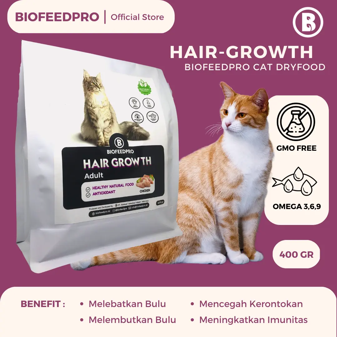 BIOFEEDPRO - HAIR GROWTH DRYFOOD FOR CAT | Makanan Kucing | 400GR | MELEBATKAN BULU, MELEMBUTKAN DAN MENYEHATKAN BULU ANABUL
