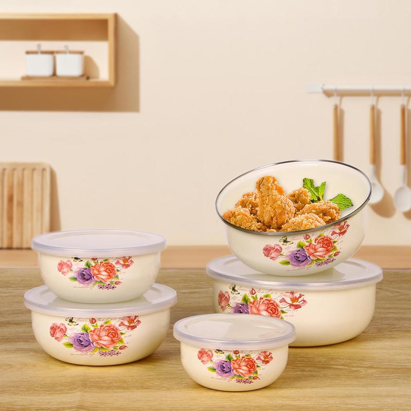 Floral Pattern Bowl Set, 5 Counts/set Multifunctional Sealed Fruit & Vegetable Preservation Bowl, Portable Lunch Box, Food Storage Container 4