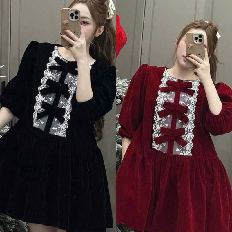  Mèo Mỡ Bigsize — Đầm babydoll đính nơ dáng xoè phối ren tay dài bigsize nữ 60-100kg Women Kem Nhung Dress Voi 
