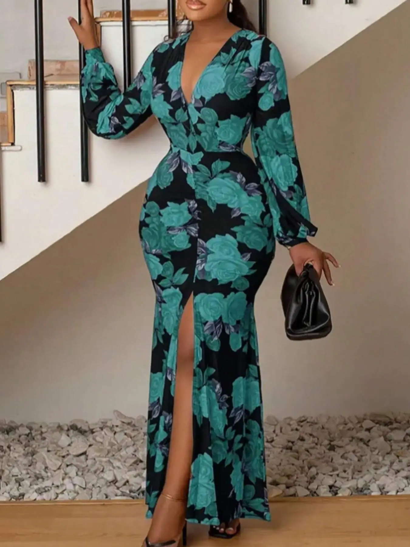 【Plus Size】Floral Print Lantern Sleeve Split Thigh Dress, Elegant Deep V Neck Long Sleeve Dress for Party Holiday Wedding Guest, Women's Gown Clothes for Fall & Winter