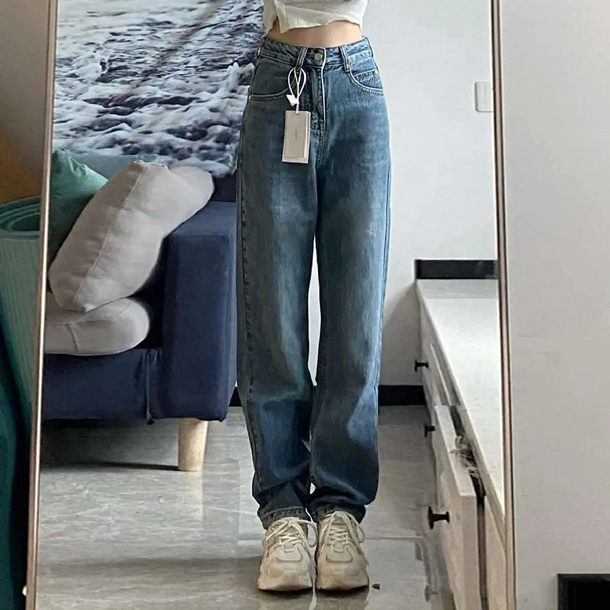 lulu-jeans New korean style high waist loose murah celana jeans panjang wanita