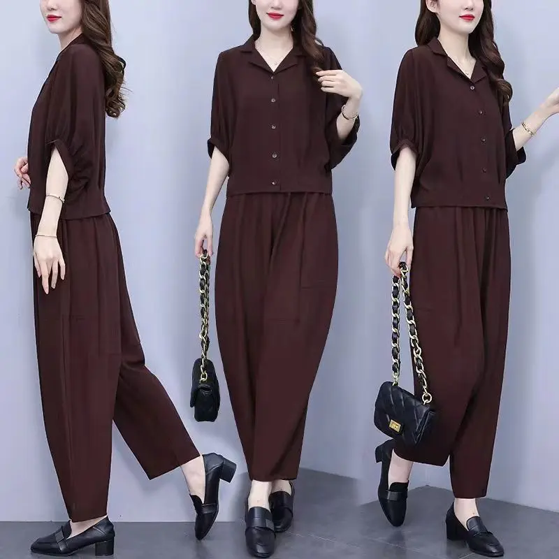 Bộ Đồ Tencel, Cao Cấp, Bộ Hai Mảnh Mùa Hè Cho Nữ, Thời Trang Mới, Phong Cách Phương Tây, Trông Trẻ Trung, Áo Phông Trơn, Dáng Rộng Che Bụng, Thích Hợp Cho Mẹ