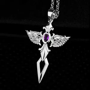 Elloise EN149 Kalung Silver Pedang Pria Wanita, Trendy, Rantai Titanium, Aksessories , Jewellry, Couple , Mewah ,Elegan, Anti Karat , Rantai Premium Blue Elegan