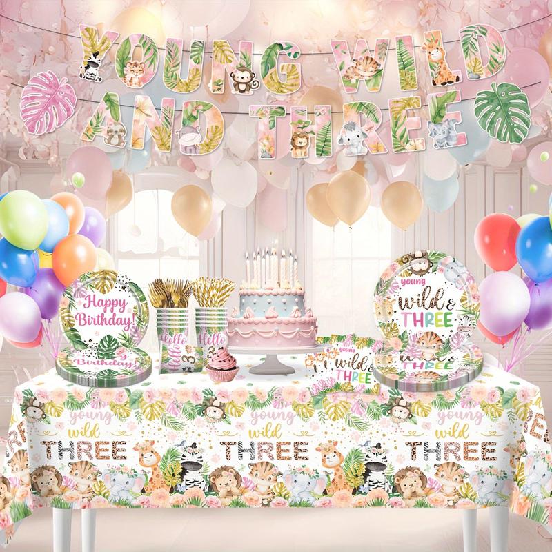 Jungle Themed Birthday Party Decoration Set, 72pcs/set Including Happy Birthday Banner, Plate, Napkin, Fork, Straw, Cup, Tablecloth, Party Supplies, Gifts 4