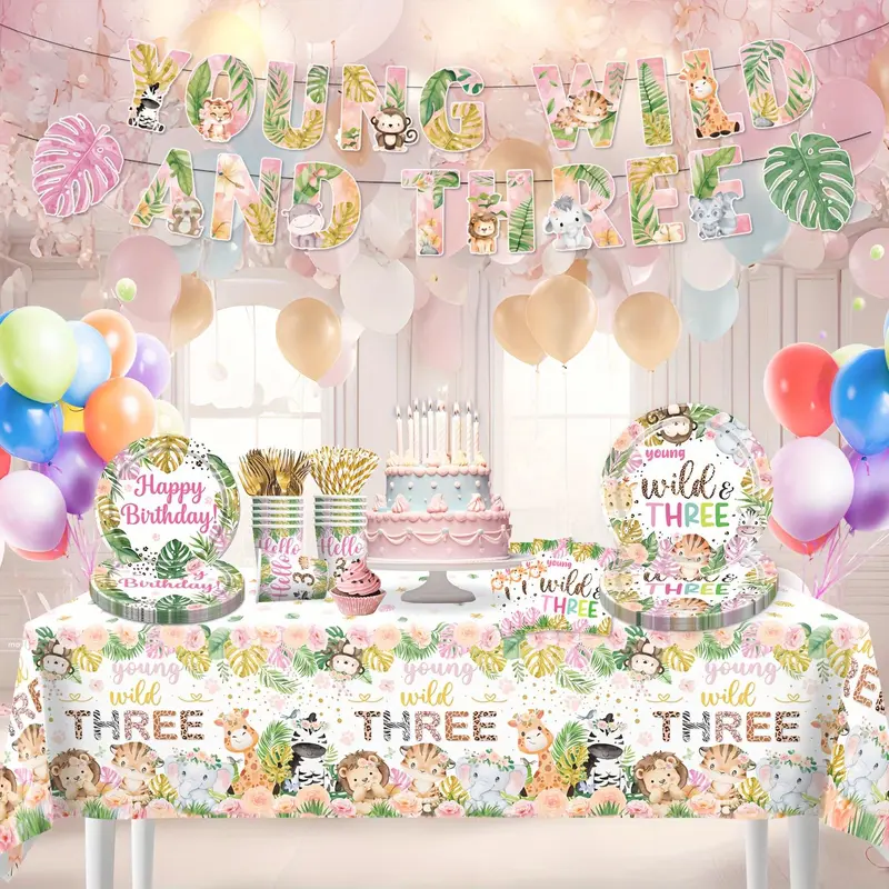 Jungle Themed Birthday Party Decoration Set, 72pcs/set Including Happy Birthday Banner, Plate, Napkin, Fork, Straw, Cup, Tablecloth, Party Supplies, Gifts 4