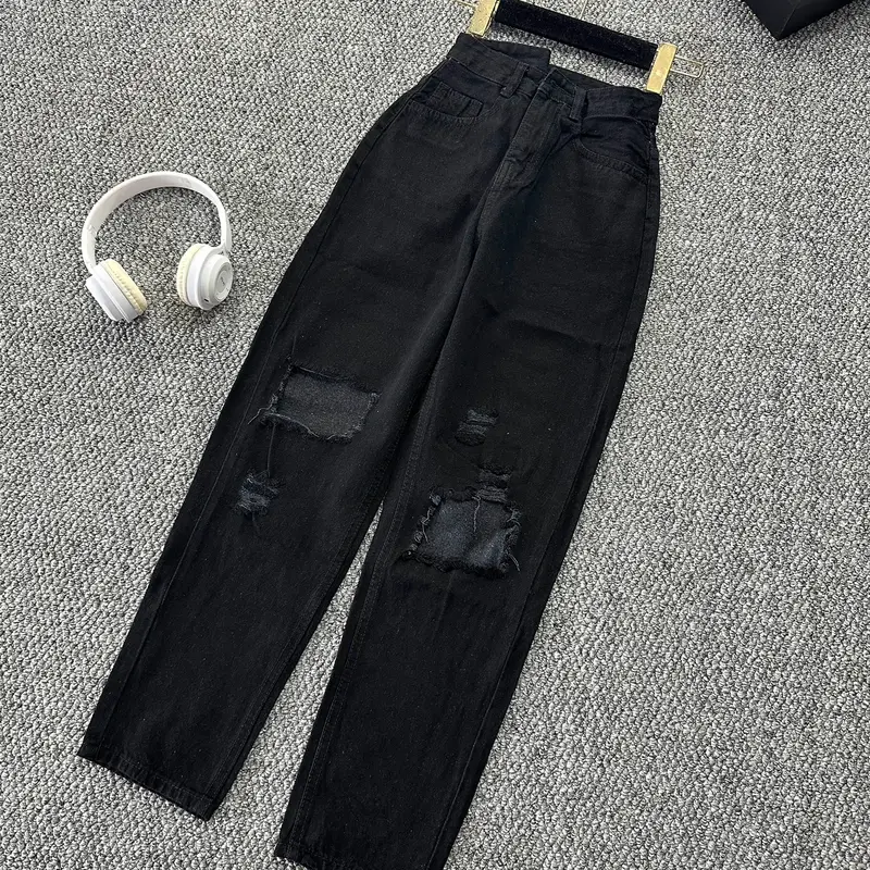 Quần jean baggy nữ màu đen rách gối, cạp cao cá tính kiểu dáng hàn quốc Pants Women mã 522 2