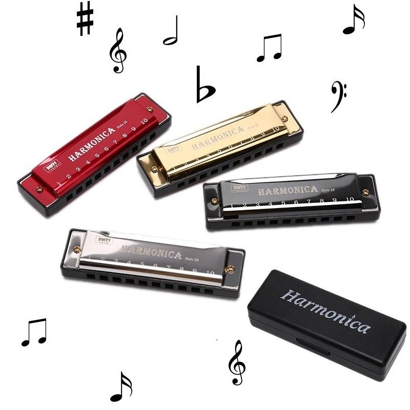 Kèn harmonica 10 lỗ tone C kèm hộp đưng giá rẻ (4 màu Đen,bạc,vàng và đỏ) kèn  thổi miệng