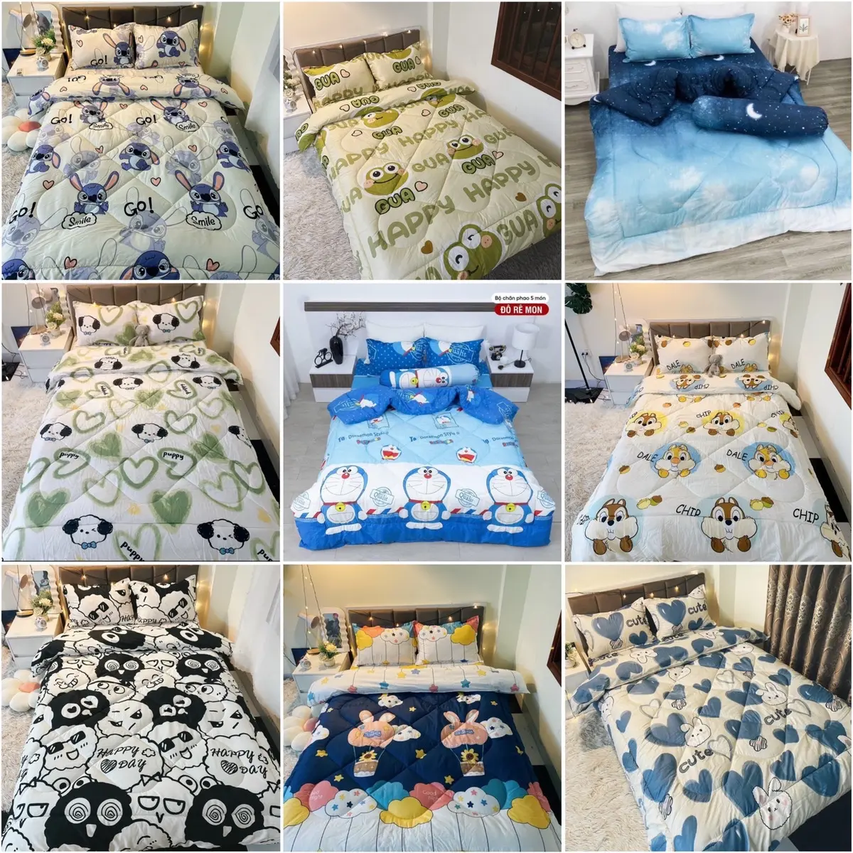 Bộ 5 món chăn phao tone màu sáng tươi mới căn phòng.