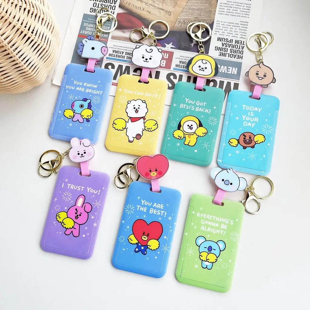 BT21 Card Holder Hard Case TATA COOKY Photocard Protector Key Ring with Stretchable Hanging Chain