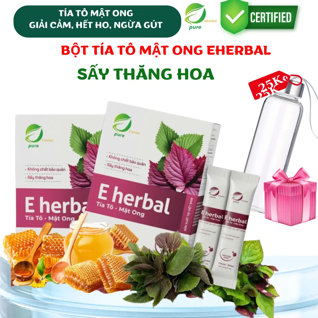 Combo 2 Hộp Bột Tía Tô Mật Ong Eherbal Sấy Thăng Hoa - Hộp 15 gói tiện lợi