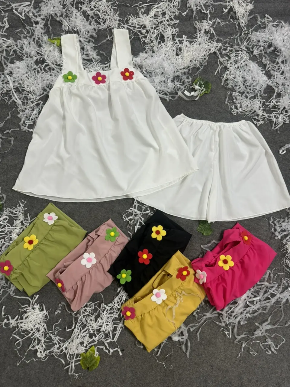 Đồ bộ đùi mặc nhà kate dây bản đính hoa size dưới 55kg Nữ Women Cotton Voi Quần Ngủ Áo