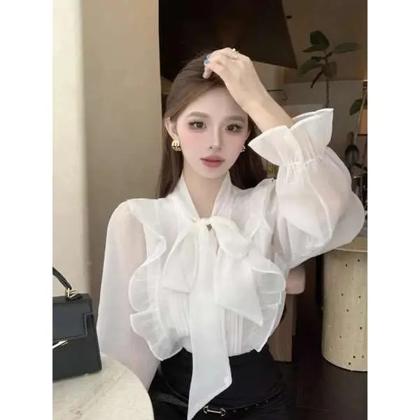 Áo Sơ Mi Lười Kiểu Pháp Cho Nữ, Áo Sơ Mi Dài Tay Có Cổ Nơ Thanh Lịch, Voan, Nhẹ Nhàng, Màu Trắng, Lụa Sen, Mùa Thu Và Mùa Đông