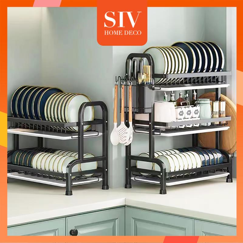 SIV 2/3 Tier Dish Drying Rack Rak Pinggan Stainless Steel Dish Drainer With Adjustable Height Storage Rack Organizer Shelves