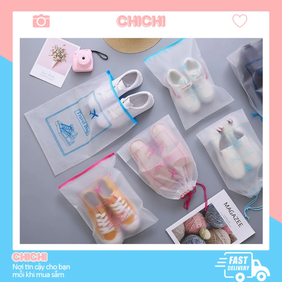 Túi zip khóa màu túi dây rút đựng giầy dép đồ cá nhân chống nước Chichi TCN05