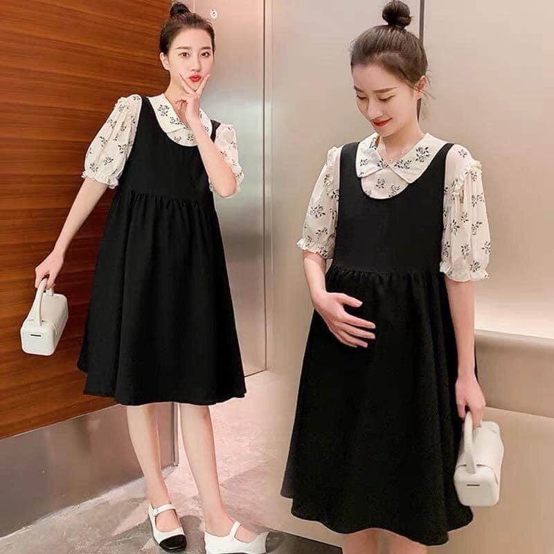 Sét Váy Yếm Bầu công sở màu đen tay lỡ dáng suông dài xinh xắn Nữ 1