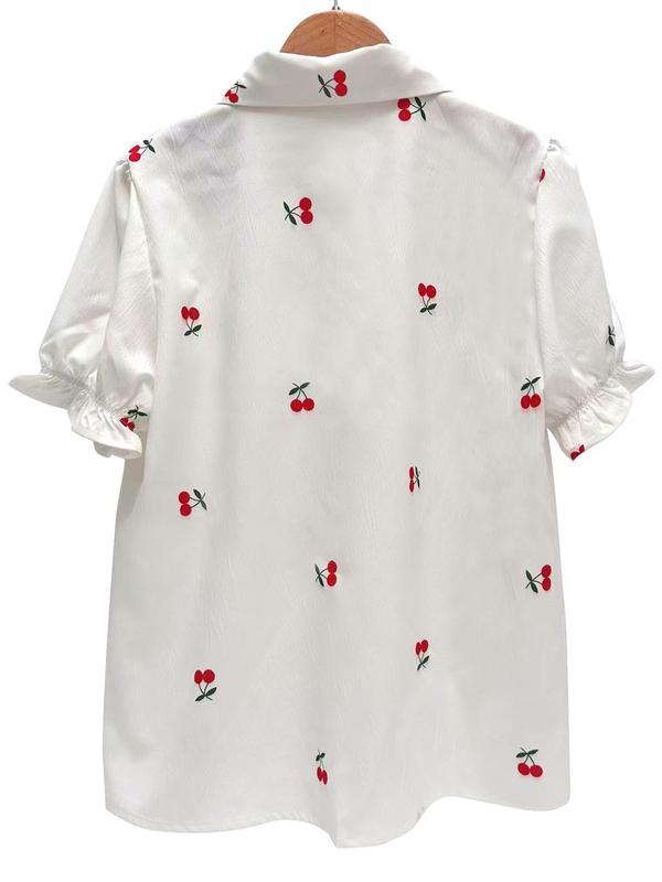 Women's Cherry Print Button Front Shirt, Casual Short Sleeve Top for Summer, Ladies Clothes for Daily Wear 1