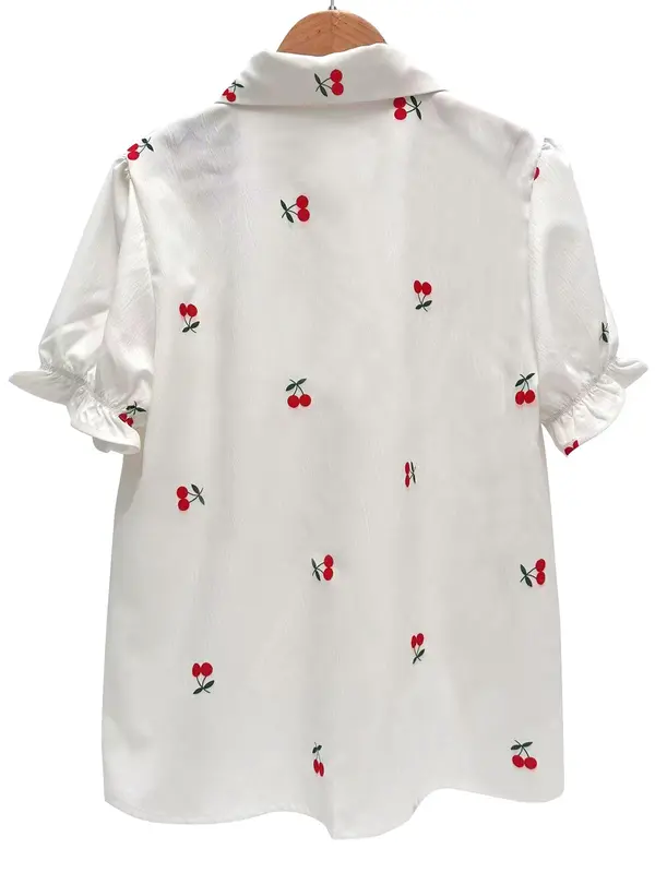 Women's Cherry Print Button Front Shirt, Casual Short Sleeve Top for Summer, Ladies Clothes for Daily Wear 1
