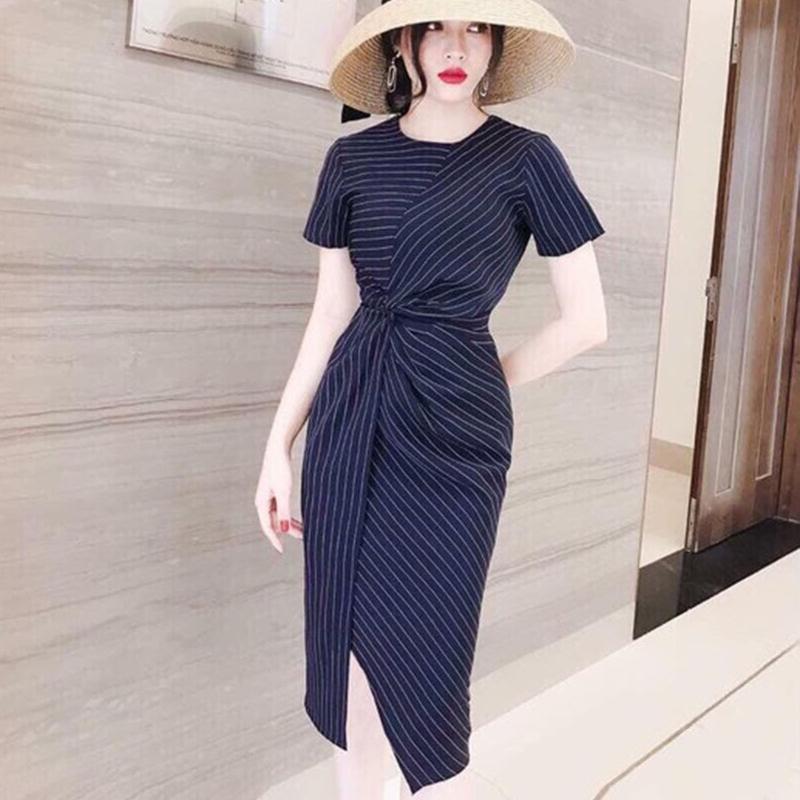  Đầm sọc xoắn eo cổ tròn tay ngắn Nữ Dress Women Nhung Khuy sang trọng thường 【 cổ áo 717v nâu   váy lệch vai đáng yêu đường thêu 