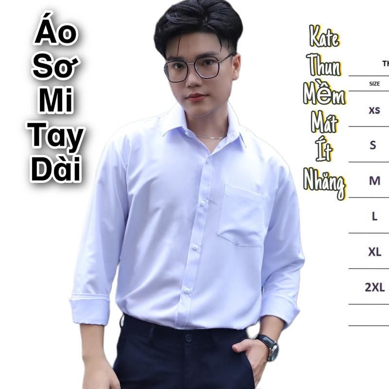 Áo Sơ Mi Nam Tay Dài Học Sinh Màu Trắng Xanh Vải Kate Thun Mềm Mát Ít Nhăng Có Cổ Có Túi Men Wear Menswear ao so mi tay dai
