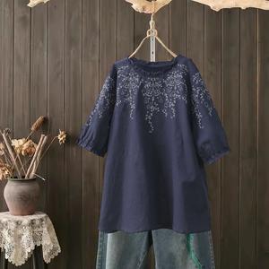 Retro Floral Lantern Sleeve Tops For Plus Size Women Short Sleeve Blouse Half Sleeve Lady Cotton T-Shirts