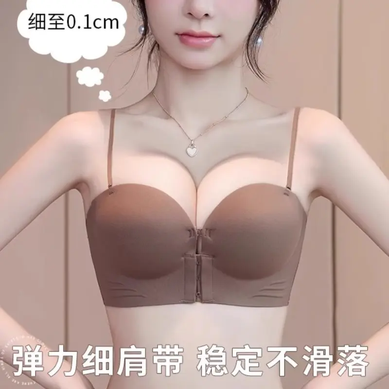 Small chest highlights big women's bra, front buckle gathers beautiful breasts, strapless non slip strap, non empty cup, front buckle bra, party bra