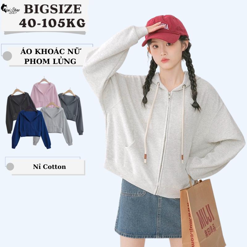 40-105KG Áo Khoác Croptop Bigsize Hoodie Zip Dáng Ngắn Phom Rộng Mũ To, Có Túi Trong Sói Store Cho Nữ Women hoodie hồng Đen Xám Xanh Nỉ Cotton