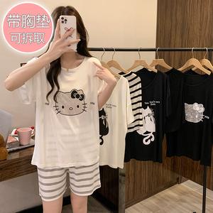 Piyama Modal untuk Wanita, Gaya Manis Musim Panas, Cetakan Kartun, Bra Terbina dalam, Set Seluar Pendek, Saiz Besar sehingga 220 paun, Sesuai untuk Pakaian Rumah dan Pakaian Ruang Rehat Luar, Bernafas dan Selesa