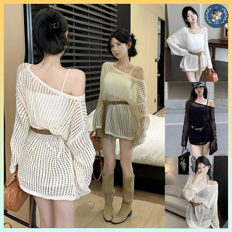 [A369] Áo len LƯỚI montoghi dệt kim LỖ TRÒN TAY DÀI form rộng mặc ngoài đi biển có Bigsize - L2M ( Top Nhung Women ) 【 hoa hồng  