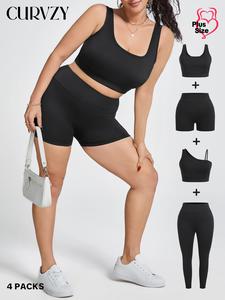 CURVZY Plus Size Solid Asymmetrical Top & Tank Top & Shorts & Leggings Set, Sporty Casual Comfy Breathable Outfits for Daily Outdoor Wear, Women Clothing for All Seasons