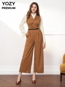 YOZY Women's Solid Button Front Top & Lapel Neck Belted Overalls Two-piece Set, Elegant Fashion Casual Plain Outerwear & Double Button Overalls for Daily Outdoor Wear, Women's Clothing for Fall & Winter