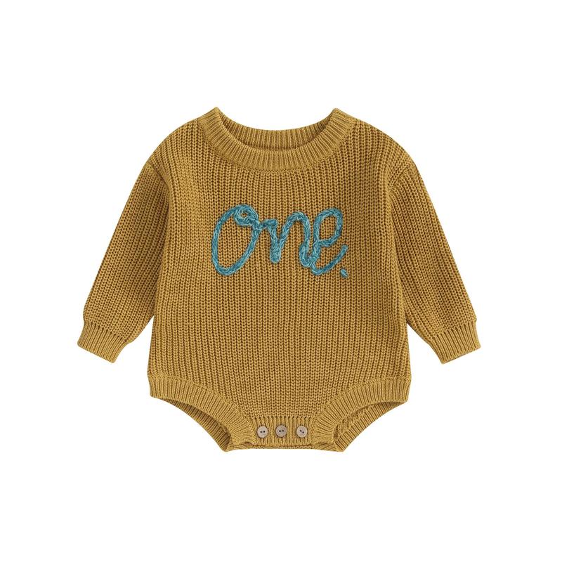 Infant Baby Knit Jumpsuit Letter Embroidered Long Sleeve Round Neck Romper Fall Winter Outfits 6