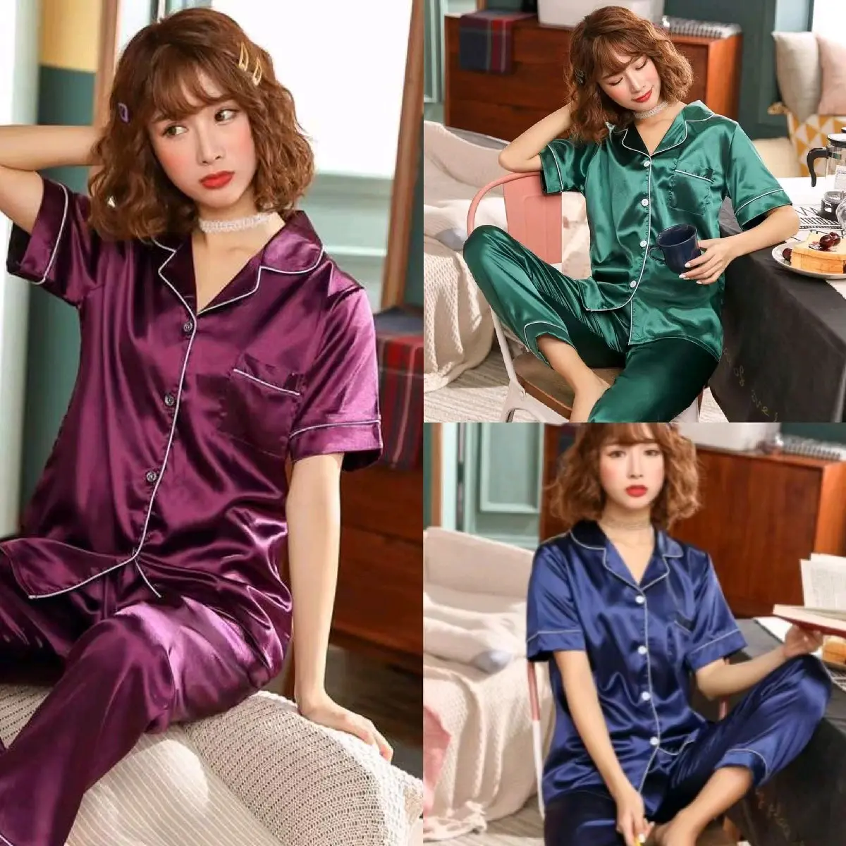 Plain terno pajama silk sleepwear nightwear Womenswear Loungewear