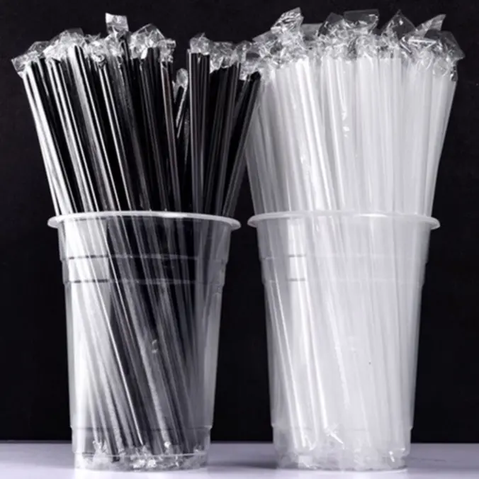 Thin Black Plastic Straw 6mm x 230mm Individually Wrapped Pointed 23cm/19cm 100pcs