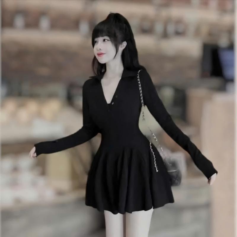 Đầm ngắn dáng xòe dễ thương tay dài cổ trụ phối nút kèm quần trong chất thun gân lạnh đẹp Nữ Women Kem Dress Xám sang trọng thường Beige Sang trọng Màu Đen