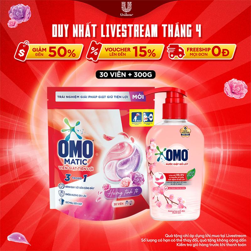 Combo Túi viên giặt tiện lợi OMO 3 trong 1 Hương Tinh tế (30 viên/túi) và Nước Giặt Đồ Lót OMO Hương Hoa Anh Đào Thanh Lịch 300G [1]