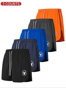 Men's Solid Color Reflective Pattern Print Drawstring Waist Gym Shorts, Sporty Breathable Quick Drying Curved Hem Pocket Shorts, Casual Comfy Shorts for Outdoor Gym Workout Running