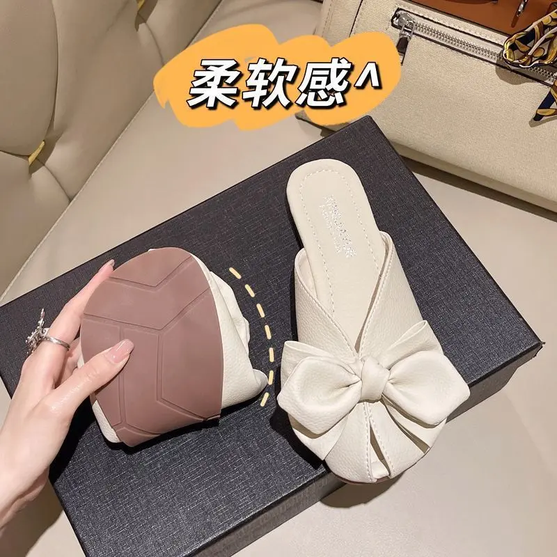 Dép Nửa Ngón Bít Mũi Thắt Nơ Thời Trang, Dành Cho Nữ, Có Thể Đeo Ngoài Trời, Dép Đế Bệt Mềm, Dễ Phối Đồ Phong Cách Hàn Quốc Mới Mùa Hè 2024 6