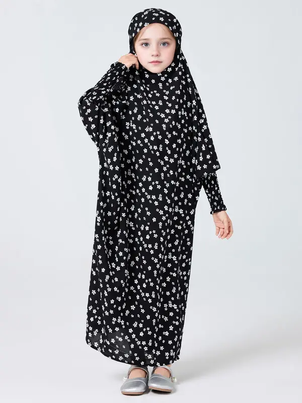 Girl's Ditsy Floral Print Hooded Abaya, Modest Long Sleeve Hooded Dress for Summer, Kids Clothes for Daily Wear 4