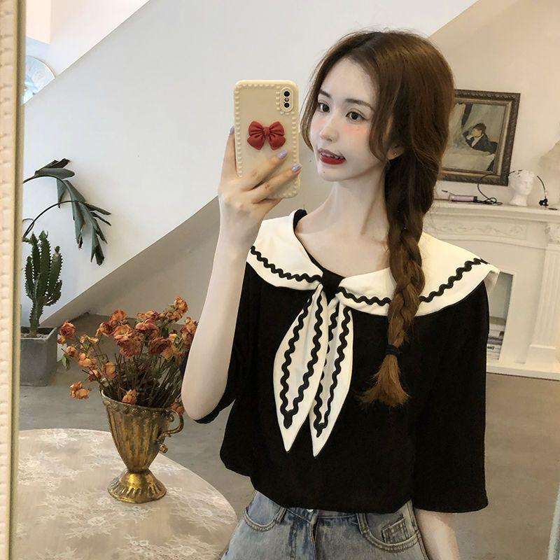 Áo Thun Cổ Hải Quân Nữ Tay Ngắn Mùa Hè Ngọt Ngào Phong Cách Đại Học Top Sơ Mi Cổ Tròn 1