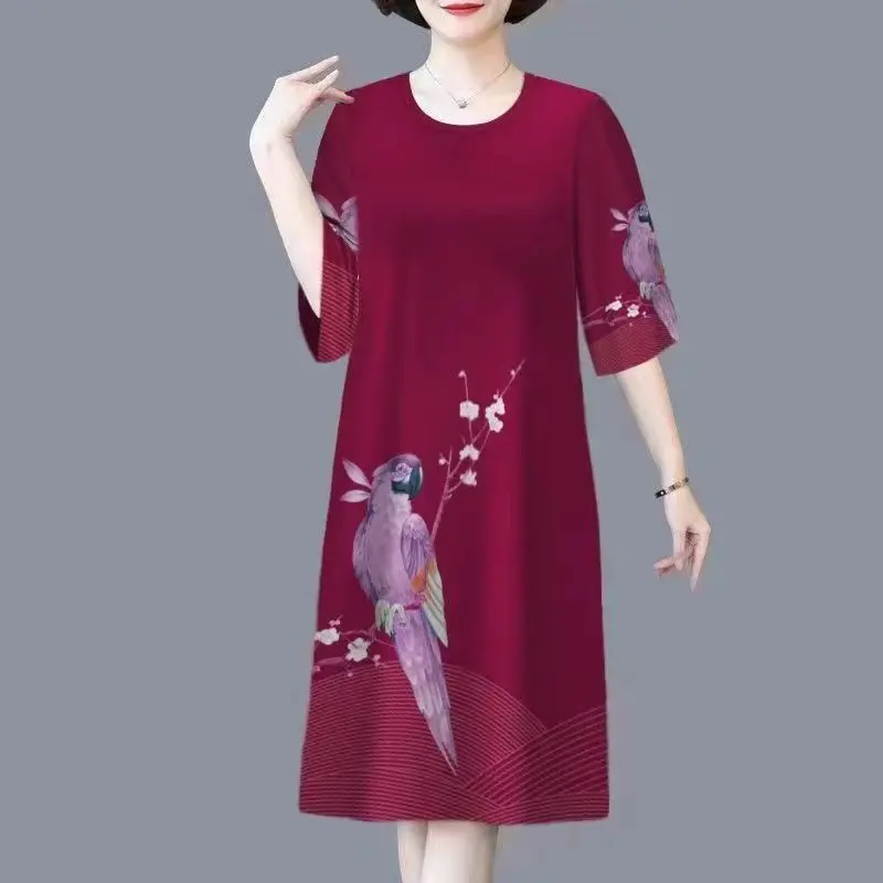 Váy Gợi Cảm Cho Phụ Nữ, Cỡ Lớn, Váy Trung Người Già Và Cao Tuổi, Chất Liệu Lụa Lạnh Hàng Mới Về Mùa Hè 2023, ngắn Tay, In Họa Tiết Thời Trang, Dáng Rộng Vừa Vặn, Dài Trung Bình