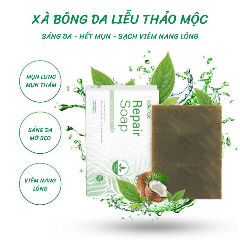 Xà Bông Thảo Mộc Soritox 130g - Dùng cho Mụn Lưng, Mụn Viêm, Viêm Nang Lông, Mun Trứng Cá, Da Thâm Nám + Tặng túi lưới (Vỏ Trắng)